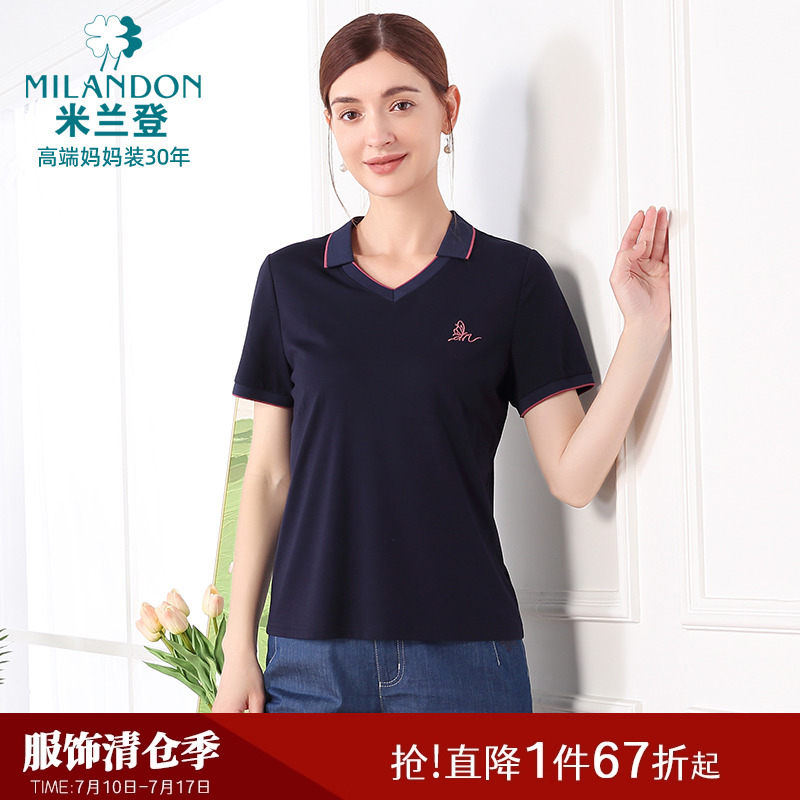 米兰登中老年妈妈装2025年夏季新款翻领时尚卫衣T恤女短袖休闲潮