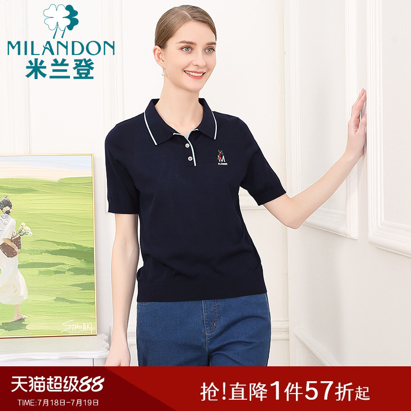 米兰登中老年妈妈的夏季新款时尚POLO领针织衫女短袖上衣休闲薄款
