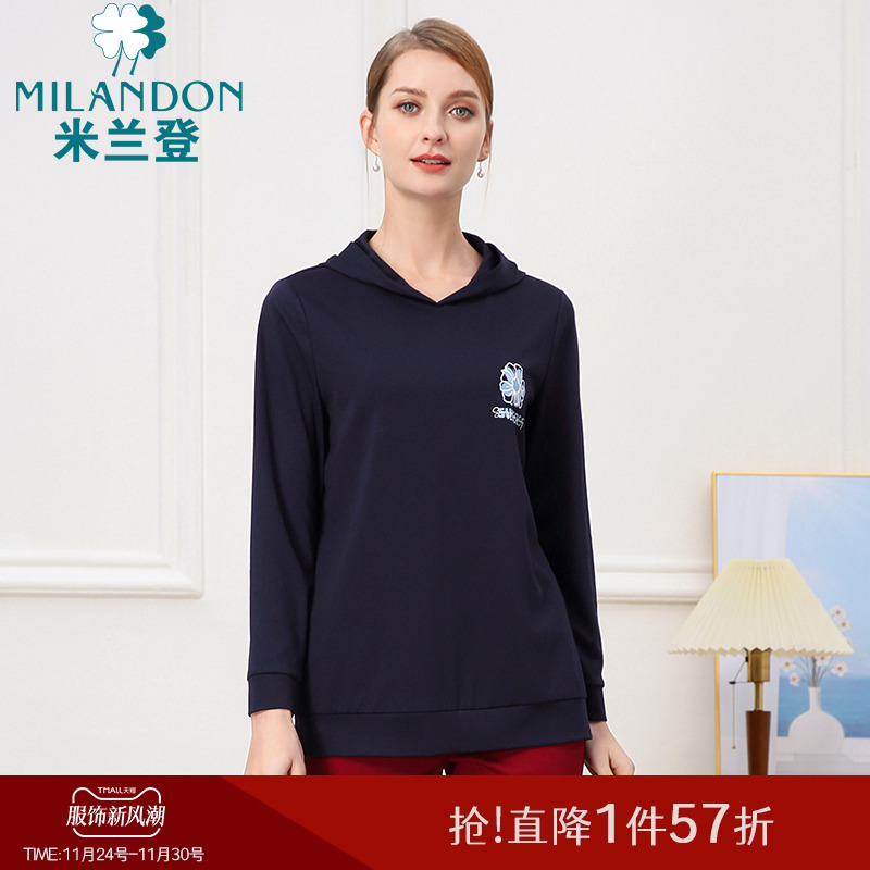 米兰登中老年妈妈装休闲连帽卫衣女春秋季新款长袖套头印花针织衫