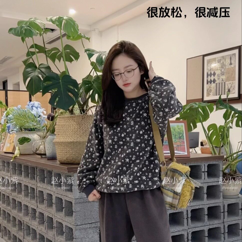 松紧带碎花爆款女家居服套装睡衣女款印花卫衣套装休闲加绒新款