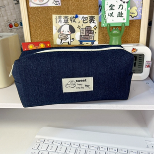 新款牛仔布笔袋带隔层铅笔盒文具收容袋可爱简约卡通动漫高颜值