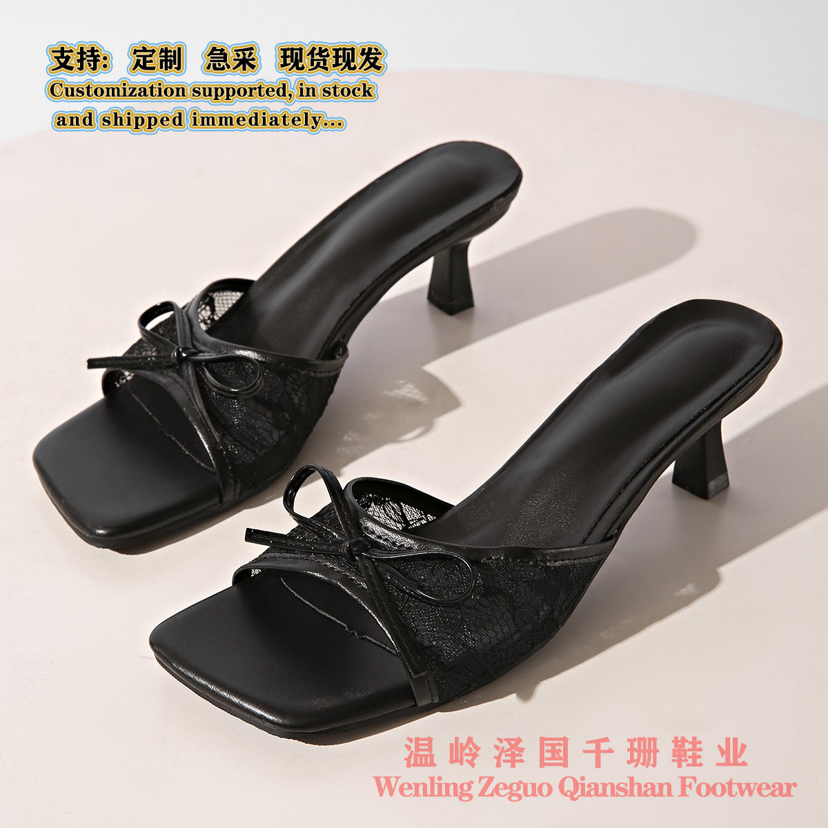 法式绝美网纱凉鞋女优雅蝴蝶结大码女鞋加宽方头现货跨境高跟拖鞋