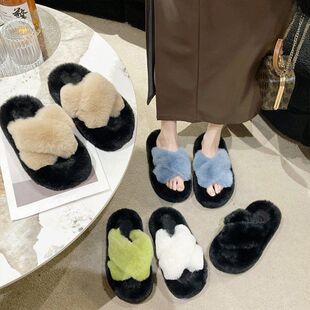 百搭毛毛拖鞋女厚底外穿秋冬新款超火网红松糕底跟交叉棉拖鞋