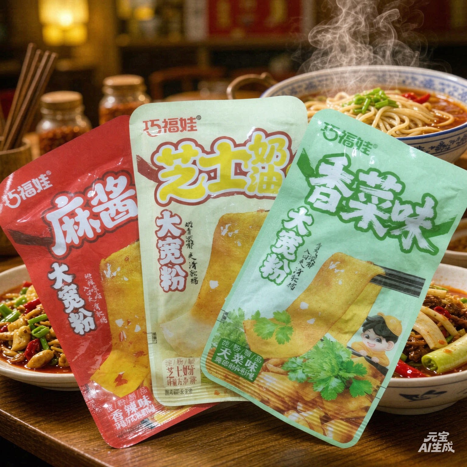 巧福娃大宽粉麻辣烫即食凉皮麻将香菜味香辣爽口零食解馋滑软小包
