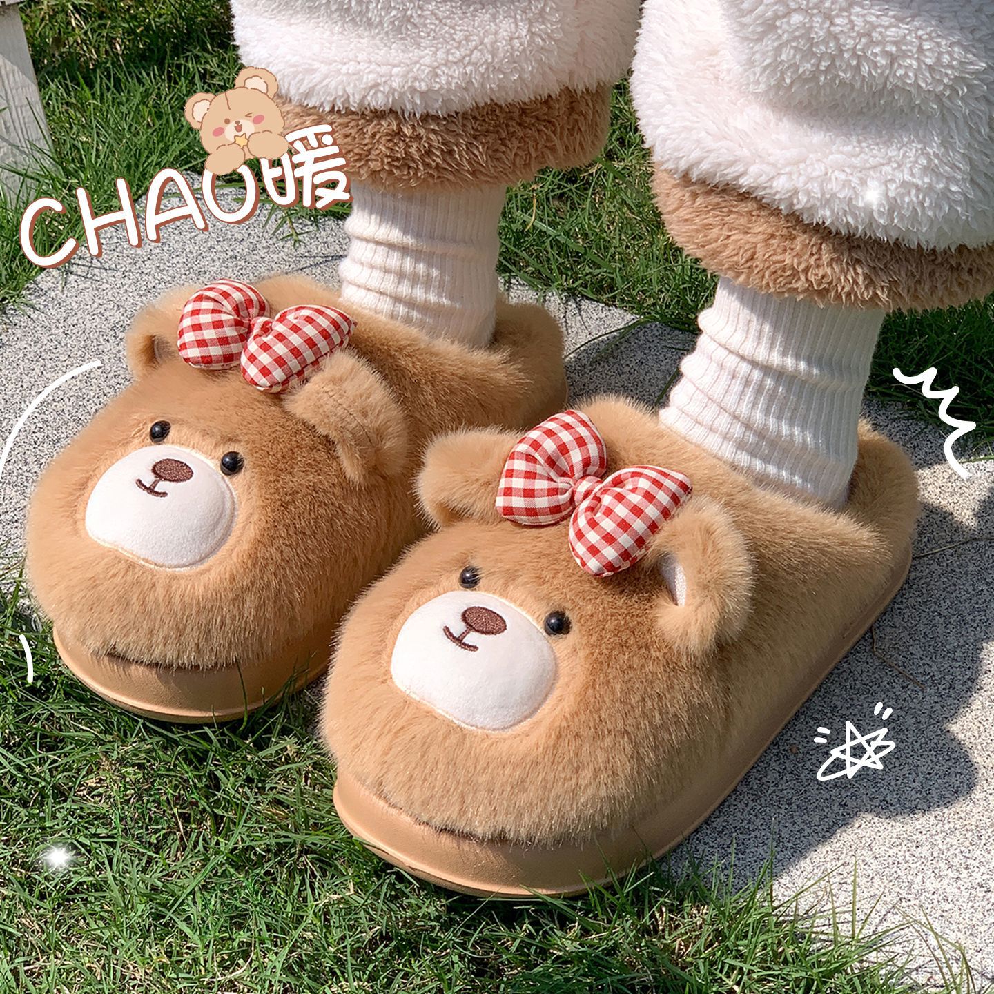 毛毛棉拖鞋女款室内家居2025新款加绒加厚防滑可爱情侣保暖拖鞋男