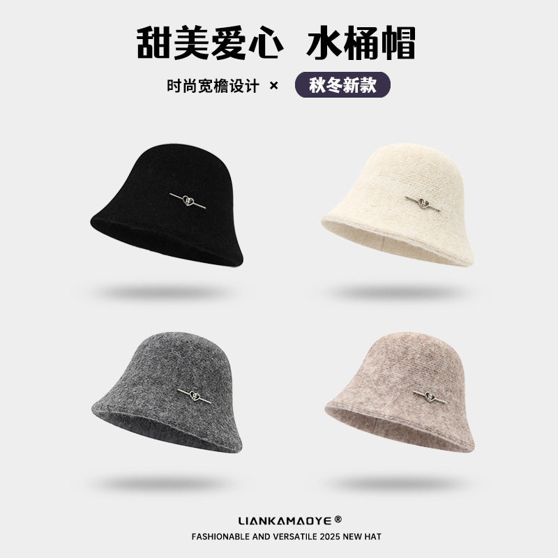 韩国2025年冬季新款日系爱心小标针织渔夫帽女平顶大檐水桶帽
