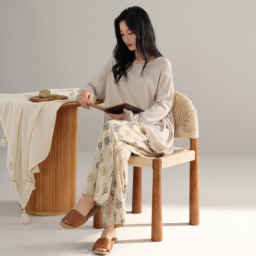 睡衣女春秋季长袖纯棉家居服圆领套头花边温柔松弛感可外穿出门