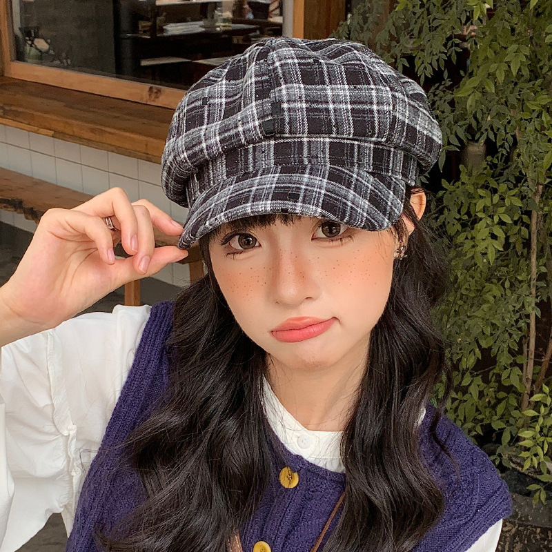 日系格纹八角帽子女秋冬季百搭报童画家帽大头围显脸小鸭舌贝雷帽
