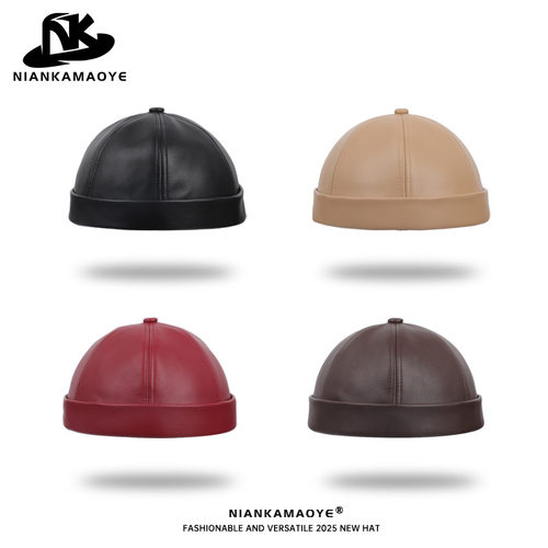 小帽围PU皮质地主帽男女简约纯色时尚百搭瓜皮帽无檐嘻哈雅痞帽子