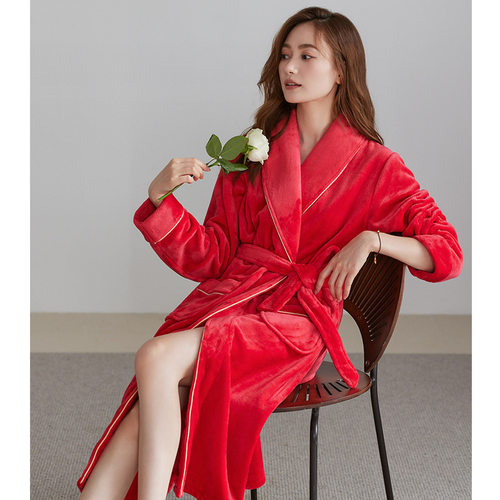 睡衣女秋冬季珊瑚绒加绒加厚浴袍大红婚庆本命年法兰绒中长款睡袍