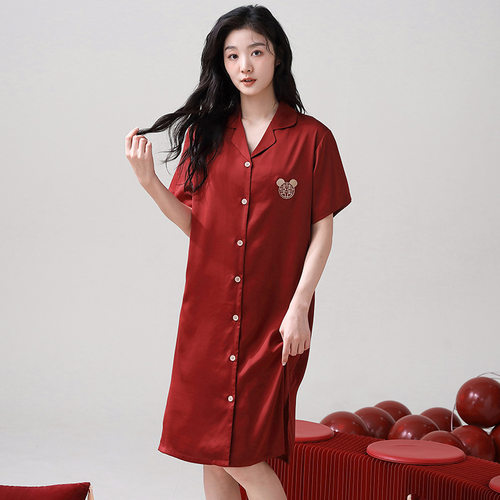 冰丝睡裙女夏季性感丝绸短袖薄款睡衣女纯欲风纽扣中裙睡袍暗红色