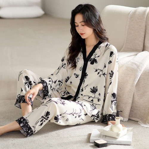 睡衣女士夏季夏款丝绸冰丝长袖家居服仿真丝春秋款薄款显瘦套装