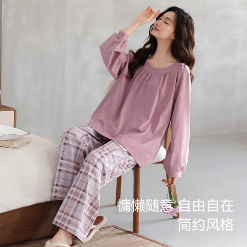 春秋季新款纯棉妈妈睡衣女士长袖圆领宽松加大码全棉家居服套装