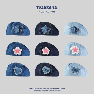 原创牛仔贝雷帽贴布休闲百搭八角帽夏季先练小可爱甜美气质画家帽