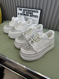 2026新款女鞋松糕厚底低帮帆布鞋水钻板鞋透气布珍珠女潮鞋增高女