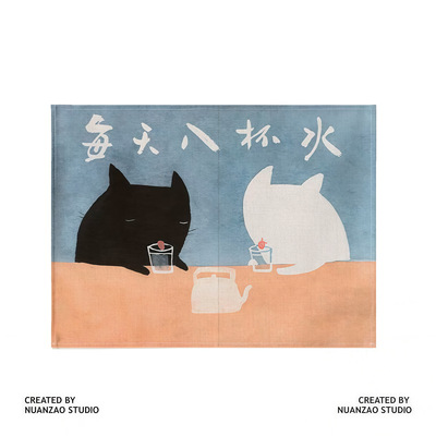 猫咪卡通黑棉麻墙饰挂布