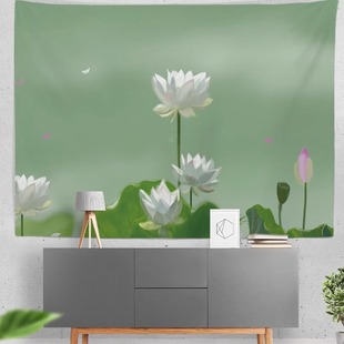 手绘油画荷叶莲花禅意小清新网红背景布学生宿舍卧室床头装饰布