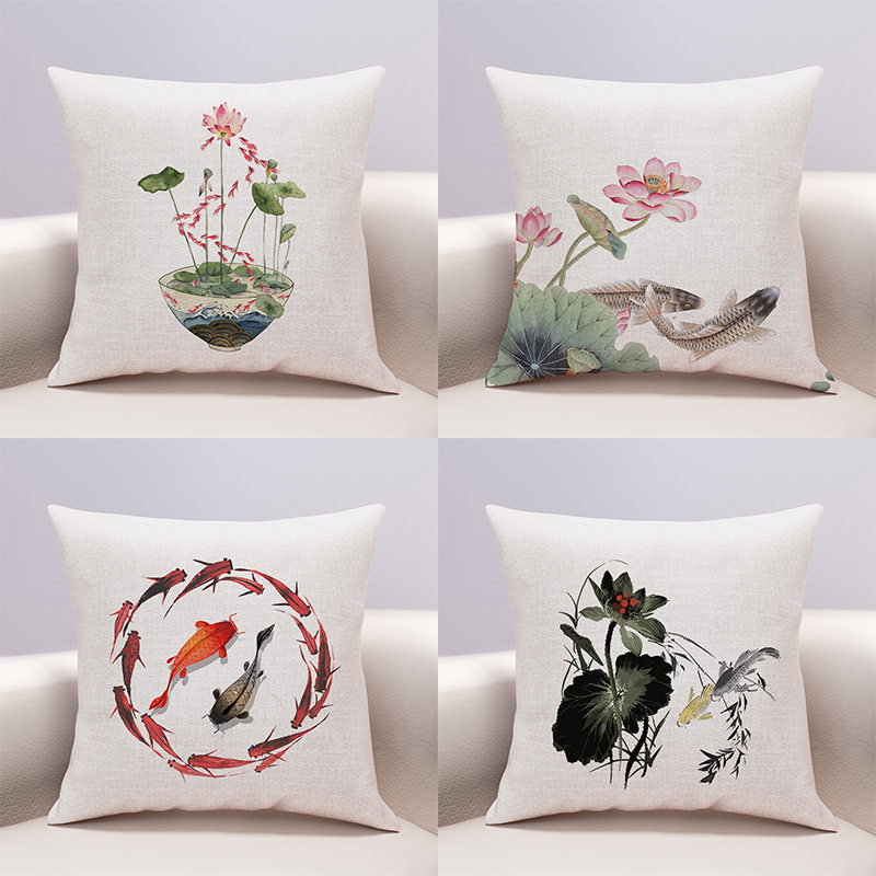 中式风格靠枕客厅沙发抱枕中国风水墨画鲤鱼荷花简约客厅卧室靠垫,居家布艺,靠垫/抱枕,淘宝优惠券,粉丝福利购,淘宝优惠卷