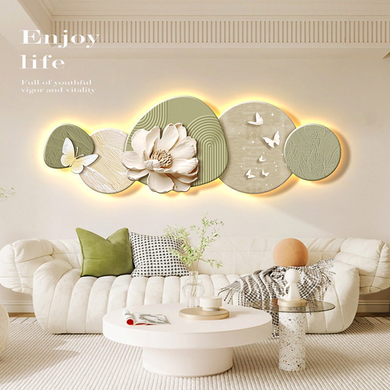 法式奶油风客厅装饰画高级感带灯沙发背景墙挂画创意花卉氛围壁画,家居饰品,氛围画/灯画,淘宝优惠券,粉丝福利购,淘宝优惠卷