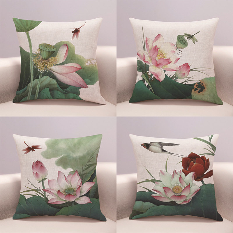 新中式古典荷花抱枕棉麻客厅沙发办公室木椅靠背枕中国风禅意靠垫,居家布艺,靠垫/抱枕,淘宝优惠券,粉丝福利购,淘宝优惠卷