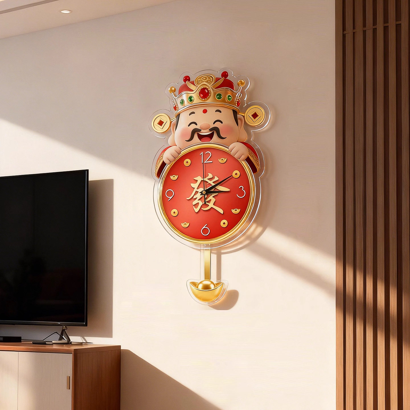 客厅亚克力挂钟新中式财神爷可摇摆时钟挂墙家用静音钟表源头工厂,家居饰品,挂钟,淘宝优惠券,粉丝福利购,淘宝优惠卷