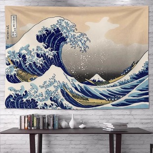 新款 和风浮世绘挂布神奈川冲浪背景布ins纹身刺青工作室墙布宿舍