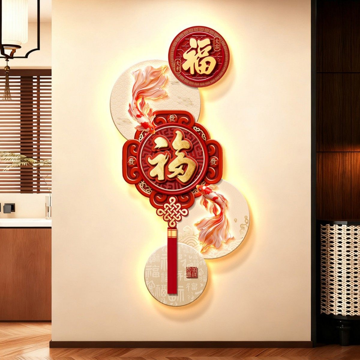 福字玄关装饰画2026新年喜庆九鱼图走廊壁画入户布置灯画高档挂画,家居饰品,氛围画/灯画,淘宝优惠券,粉丝福利购,淘宝优惠卷