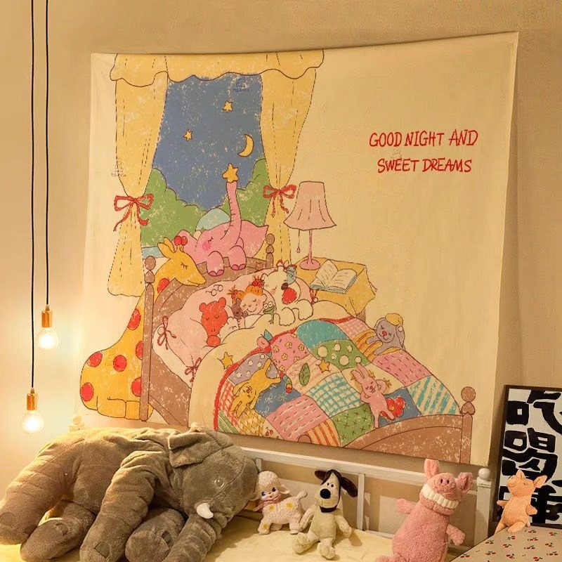 油画棒插画COCO酱可爱晚安挂布儿童房卧室墙上装饰氛围背景布墙布,居家布艺,挂毯/壁毯,淘宝优惠券,粉丝福利购,淘宝优惠卷