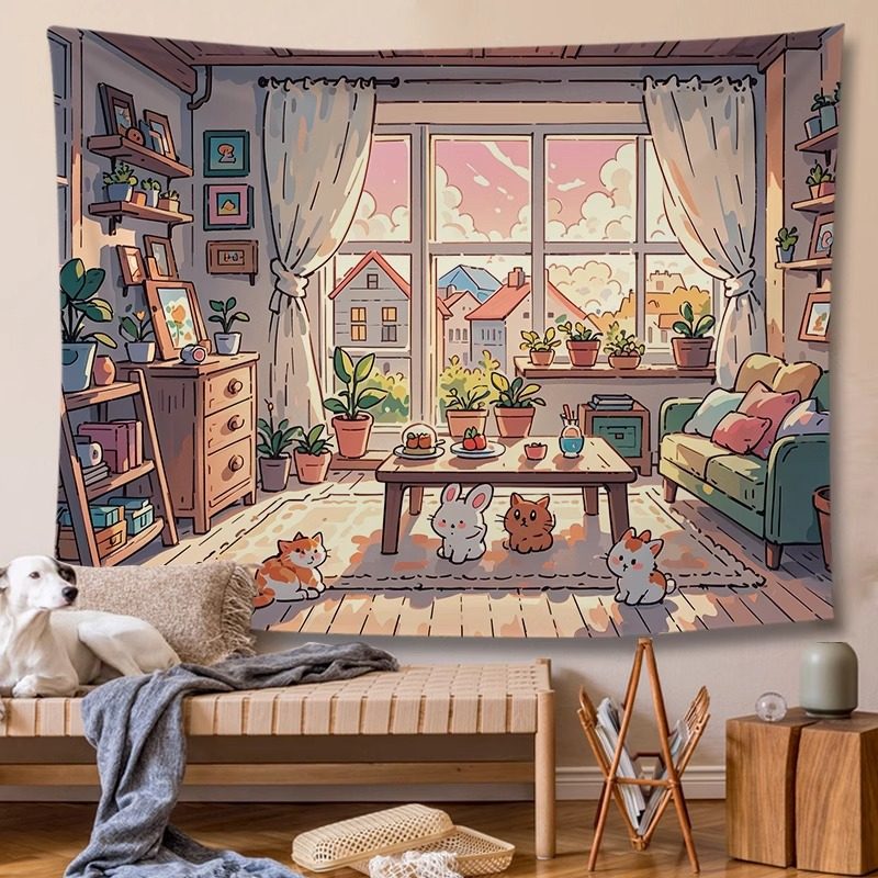 粉色治愈卡通插画挂布ins风背景布卧室床头装饰画布墙壁遮丑布艺,居家布艺,挂毯/壁毯,淘宝优惠券,粉丝福利购,淘宝优惠卷