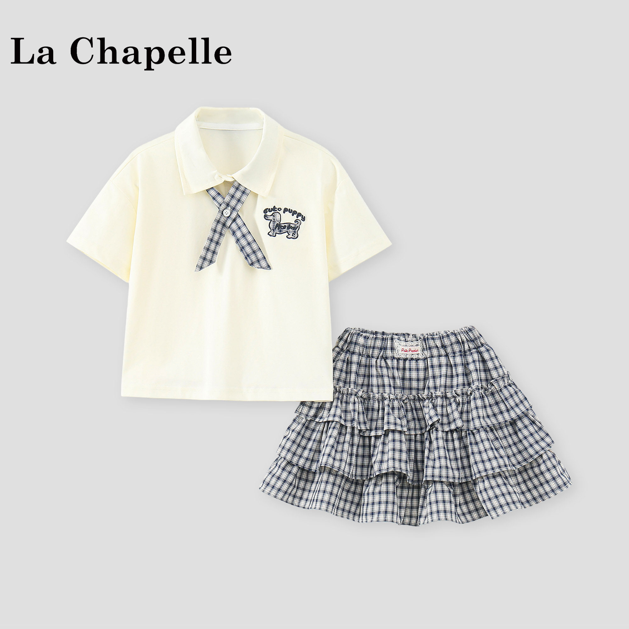 拉夏贝尔女童t恤格子裙两件套夏