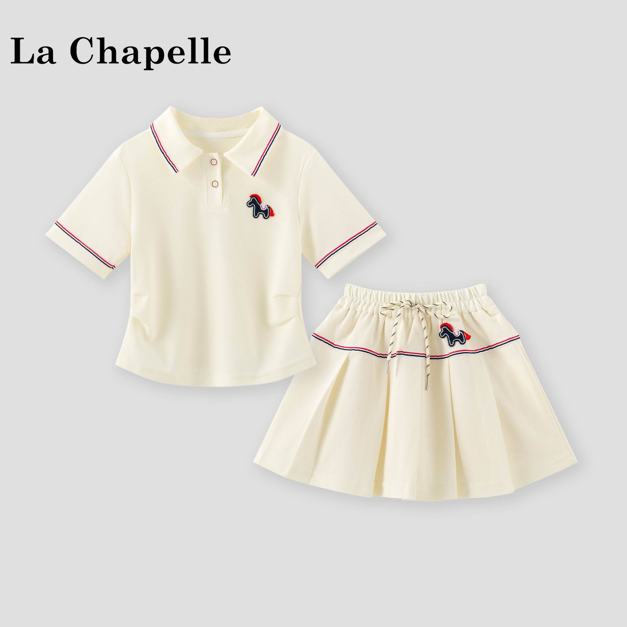 拉夏贝尔女童运动套装夏季2026新款洋气儿童polo领衬衣休闲短裙子