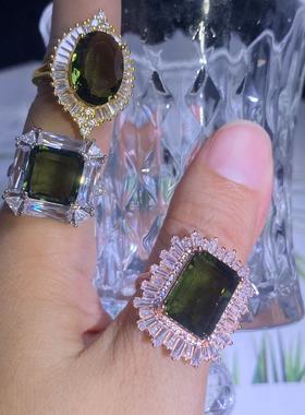 保真纯天然捷克陨石Moldavite 捷克玻璃纯银镶嵌绿陨石戒指定金