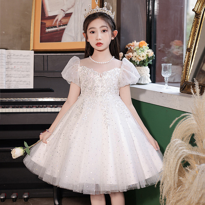 儿童礼服公主裙小女孩白色花童婚纱高端女童钢琴演奏主持人演出服