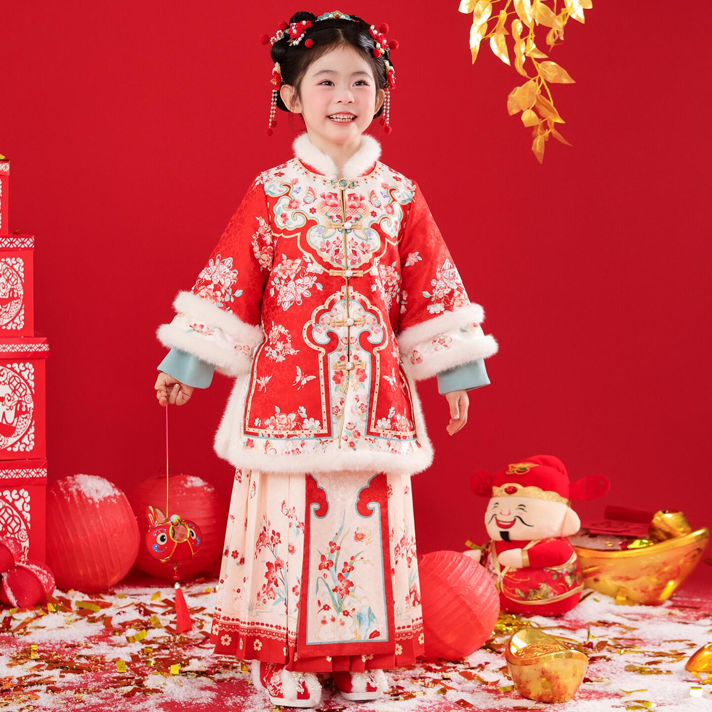 拜年服女童汉服冬装中国风2026新款红色新年装小女孩过年喜庆衣服