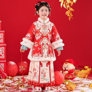 拜年服女童汉服冬装中国风2026新款红色新年装小女孩过年喜庆衣服