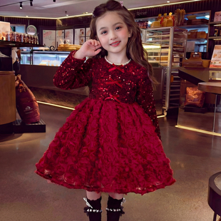 公主裙女童冬装加绒红色裙子2025新款女孩过年连衣裙亮片新年礼服