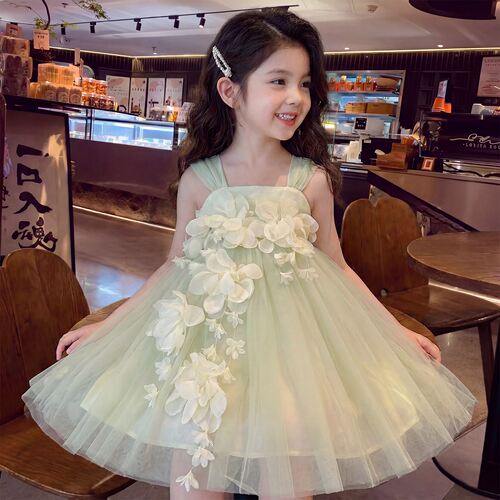 女童公主裙夏季2026洋气连衣裙儿童生日礼服绿色小女孩蓬蓬纱裙子