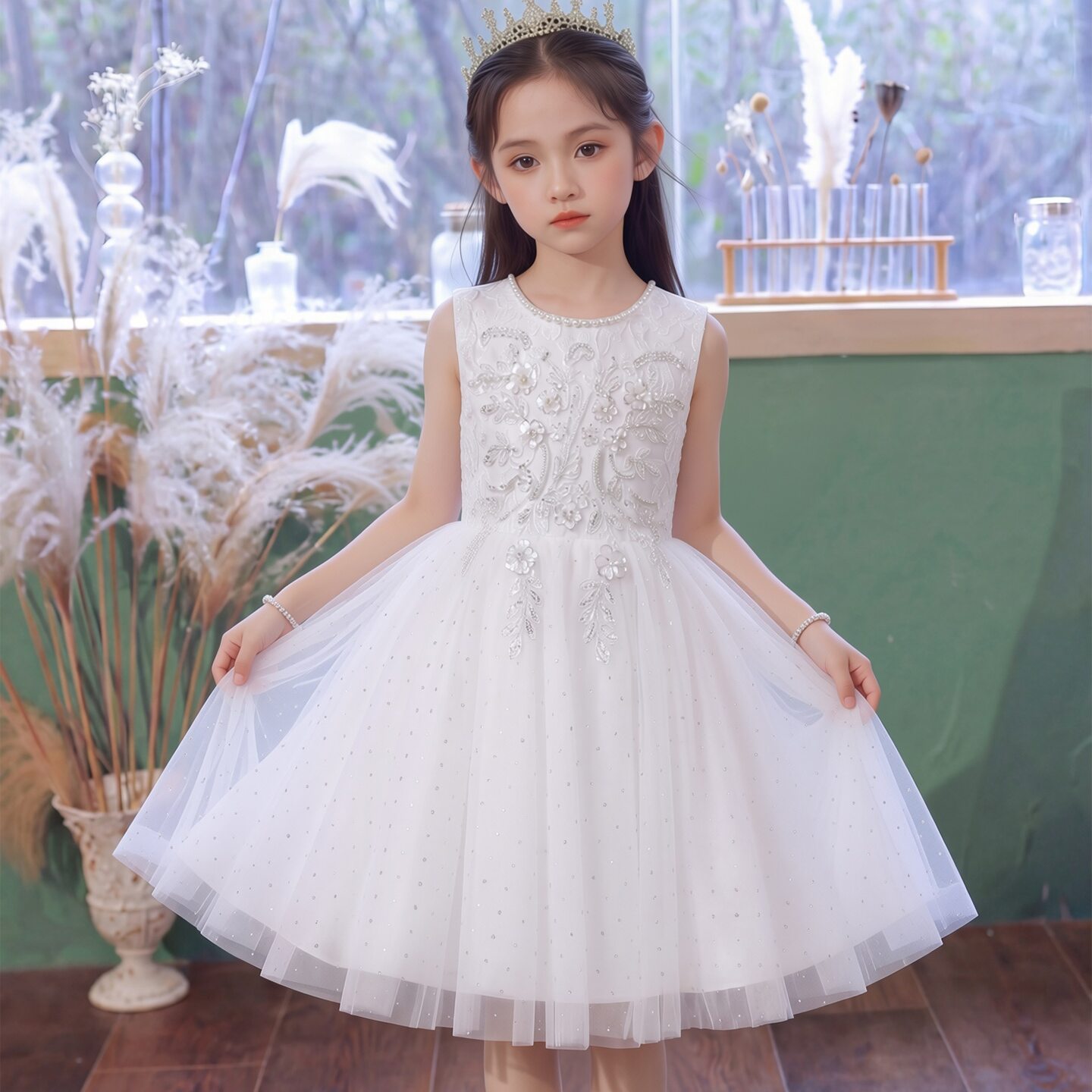 女童礼服白色蓬蓬纱裙儿童生日公主裙小女孩花童婚礼主持人演出服