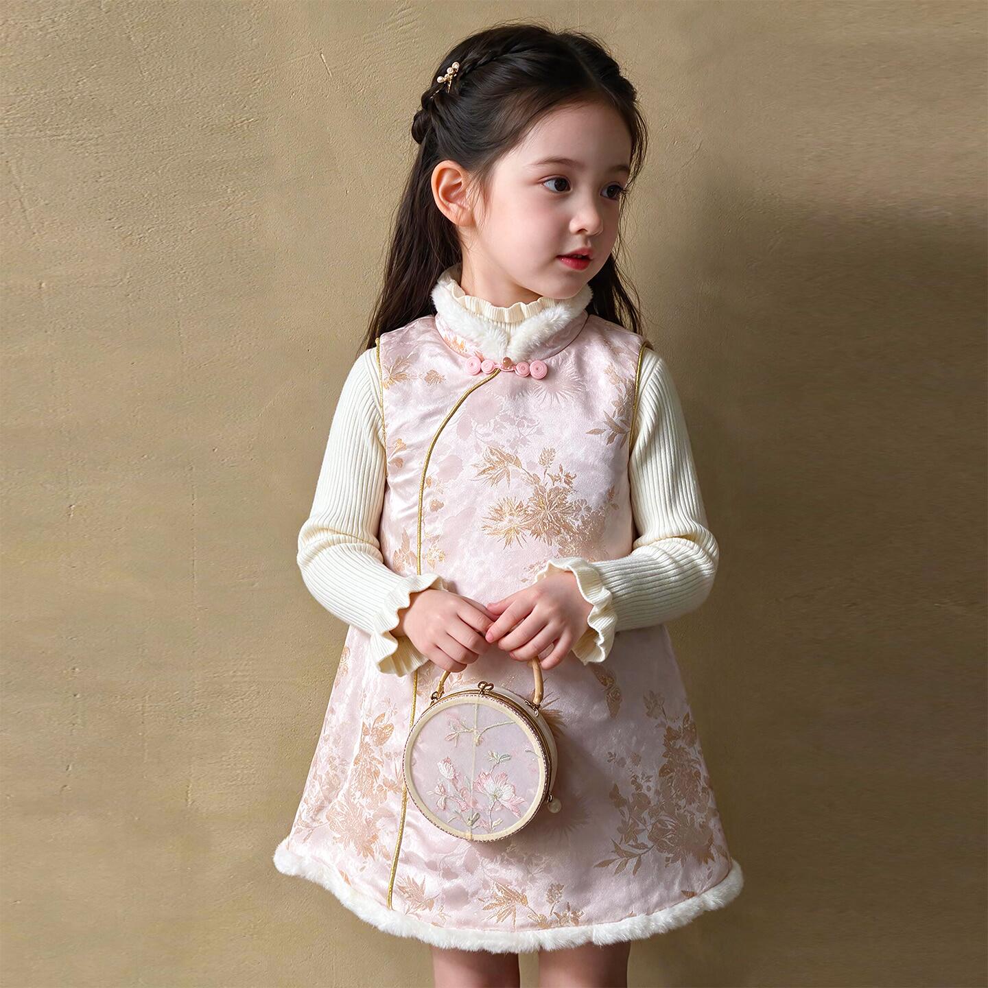 女童新中式旗袍背心裙2026新款秋冬季儿童夹棉加厚国风汉服连衣裙