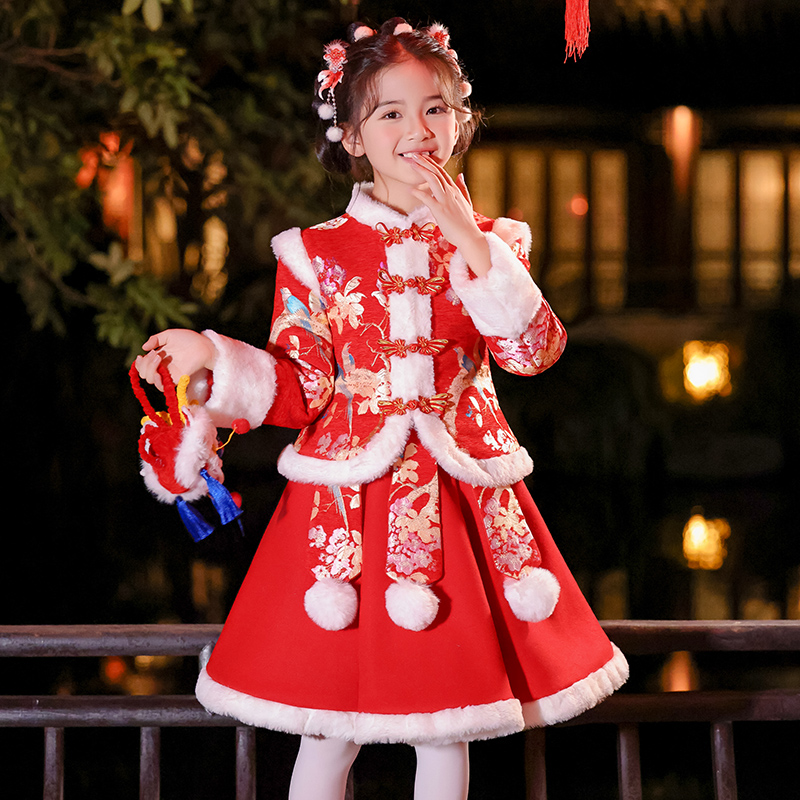 女童拜年服唐装儿童装汉服冬季过年衣服女孩2025新款女宝新年冬装