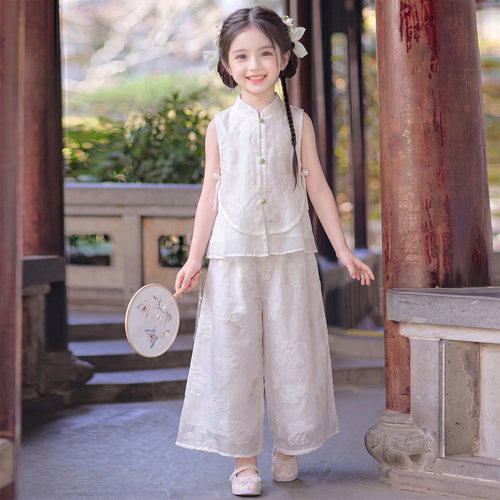 女童新中式国风汉服套装夏季2026新款古风薄款小女孩阔腿裤两件套