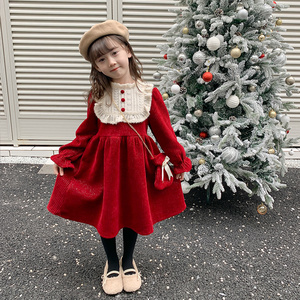 女童连衣裙新年2023新款冬装过年女孩公主裙秋冬款儿童冬季红裙子