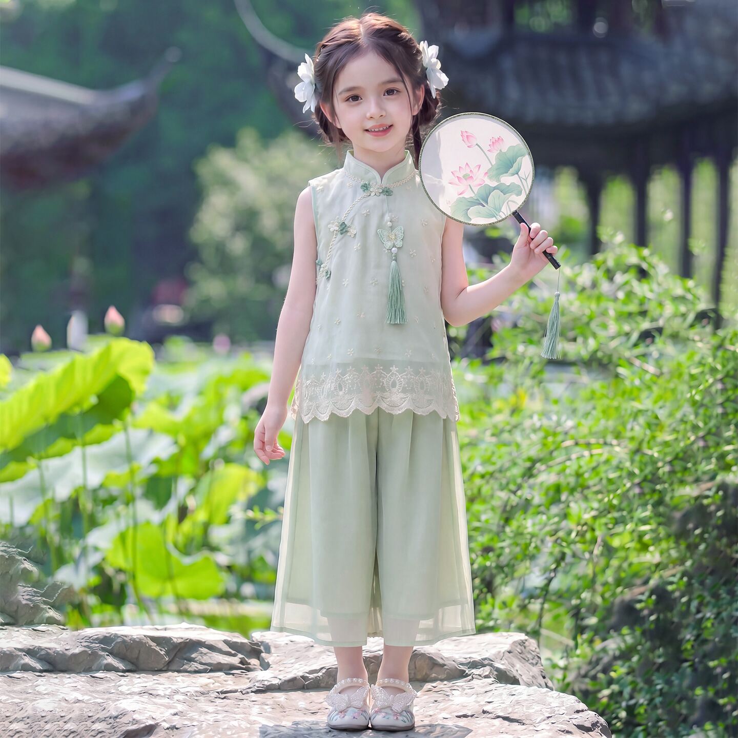 新中式国风汉服女童套装夏季2026新款古风女孩旗袍上衣裤子两件套