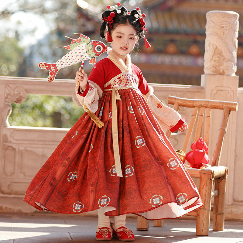 女童汉服冬季2026新款加绒襦裙红色儿童古风唐装小女孩古装连衣裙