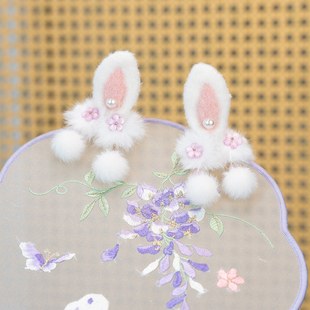 古风儿童毛球可爱小兔子耳朵发夹毛绒兔头饰毛球女童古装汉服发饰