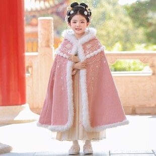 汉服女童冬季2025新款儿童古风仙气加绒披风公主连衣裙小女孩古装