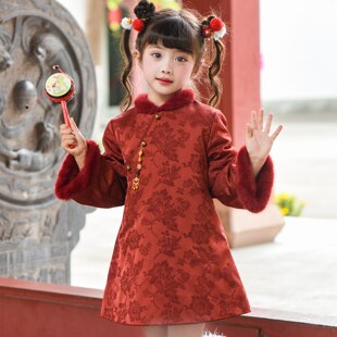 女童拜年服新中式国风旗袍儿童红色喜庆唐装女孩过年服新年装裙子