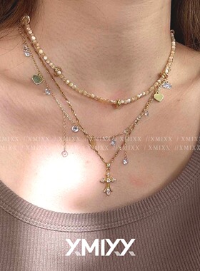 vintage十字架米珠叠戴项链女