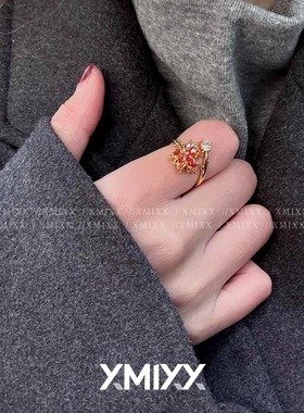 轻奢红色枫叶锆石爆款开口戒指