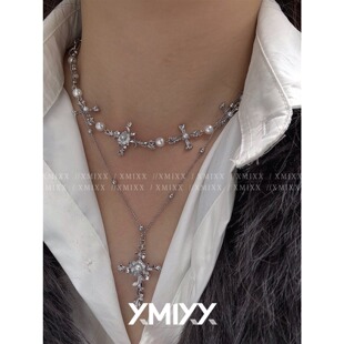 欧美甜酷辣妹高级珍珠鸢尾花十字架choker项链女双层叠戴小众时尚